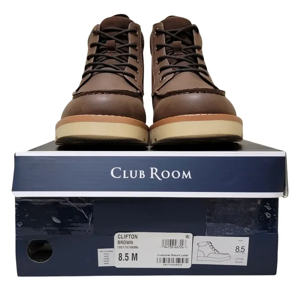 Club Room Men Clifton Moc Toe Combat Hiking Boot Size US 8.5M Brown Faux Leather
